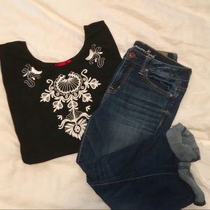 Love Notes floral embroidered black tunic